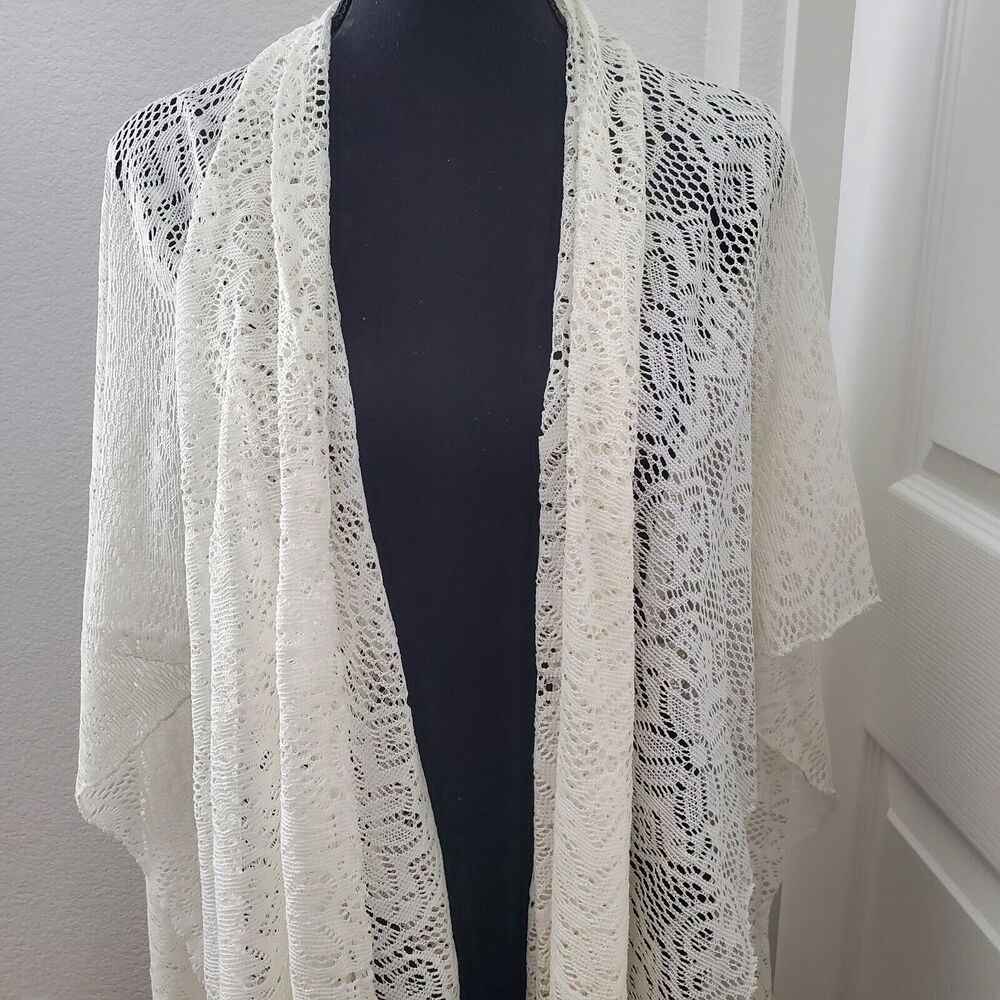 Faded Glory New Lace Kimono Fringed Open Front Boho Cardigan Ivory One Size